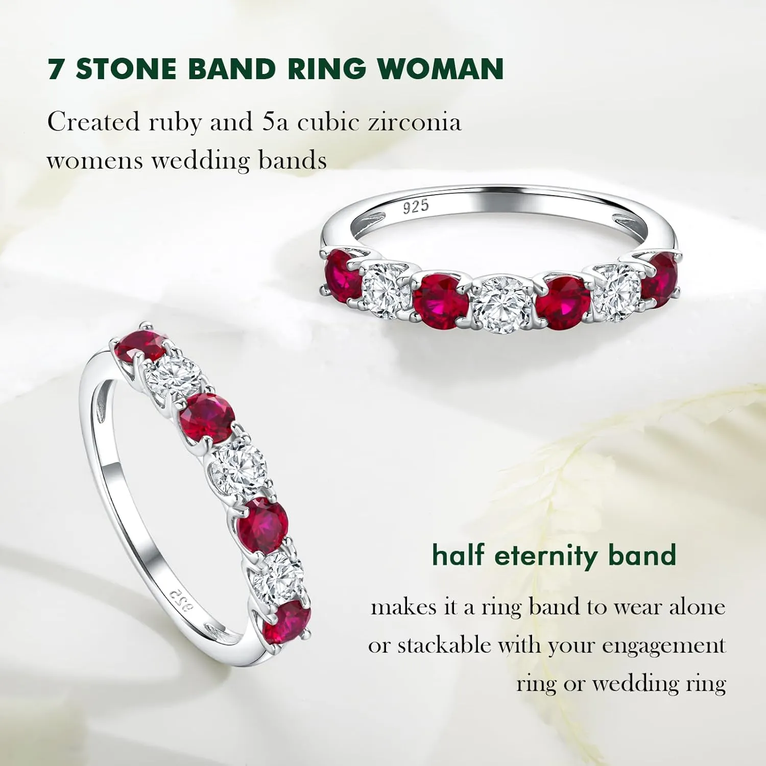 925 Sterling Silver Birthstone Rings for Women Created Gemstone Half Eternity Band 7 Stone Cubic Zirconia Wedding Band Birthstone Jewelry Size 6-10