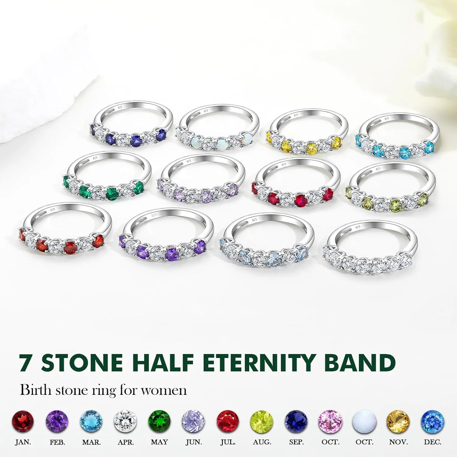 925 Sterling Silver Birthstone Rings for Women Created Gemstone Half Eternity Band 7 Stone Cubic Zirconia Wedding Band Birthstone Jewelry Size 6-10