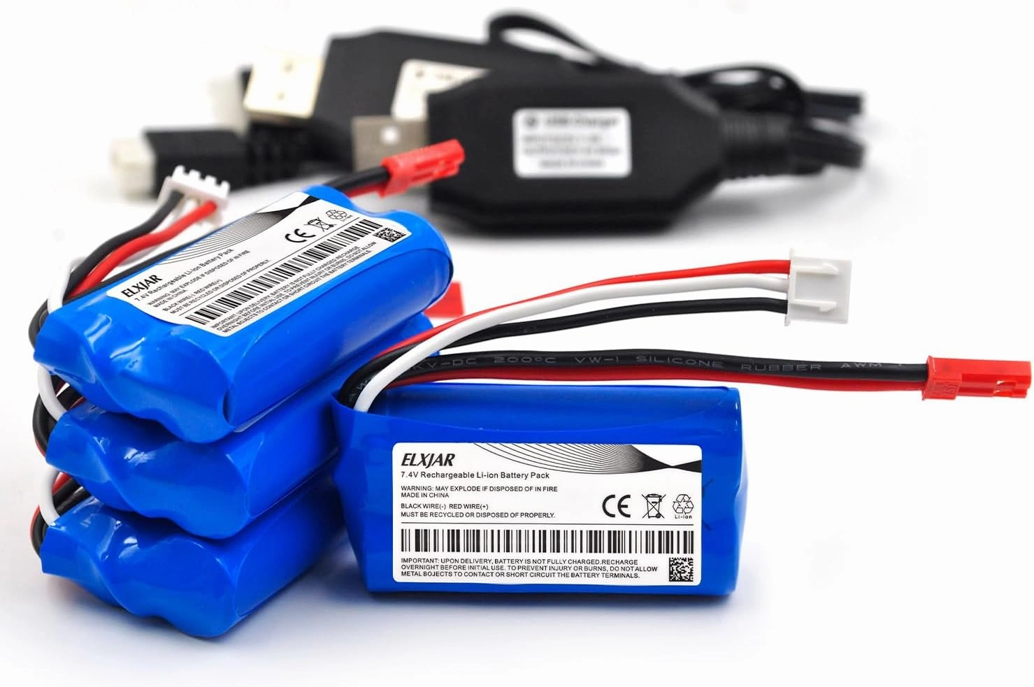 (4-Pack) 7.4V 700mAh Li-ion Battery Replacement for HBX 18859E 18858 18856 Syma F1 RC Car Drone with JST Plug and USB Charging Cable