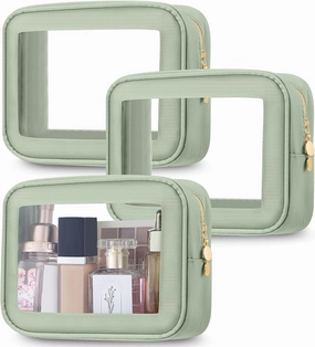 Abbylike 3 Pcs Clear Makeup Bags Travel Cosmetic Organizer Case Nylon Toiletry Bag with Zipper PVC Transparent Makeup Pouch Portable Storage Car Essentials for Women Gifts(Green)