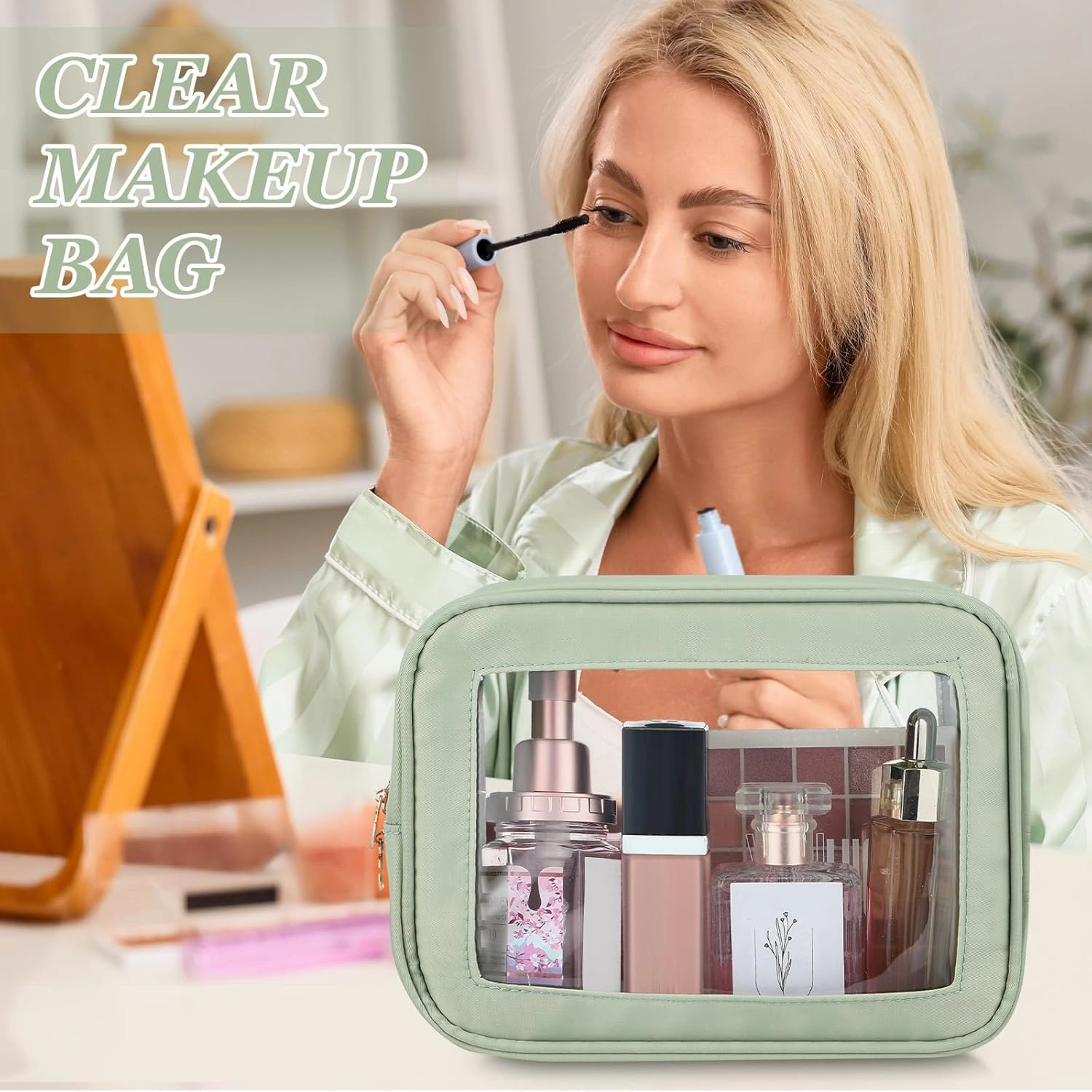 Abbylike 3 Pcs Clear Makeup Bags Travel Cosmetic Organizer Case Nylon Toiletry Bag with Zipper PVC Transparent Makeup Pouch Portable Storage Car Essentials for Women Gifts(Green)