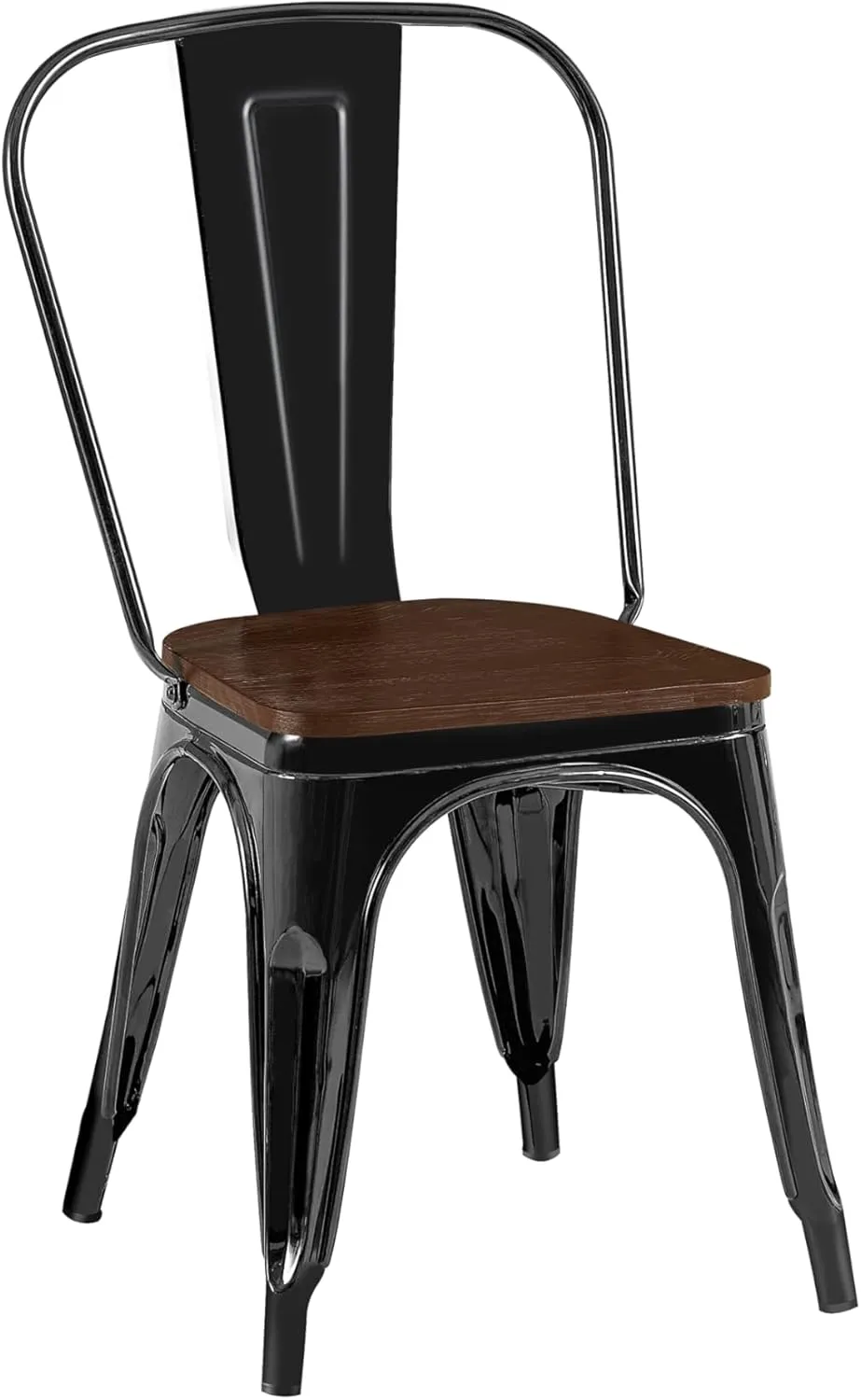 AC Pacific Stackable Metal Dining Chairs Set of 2 for Indoor and Outdoor Use, Durable Stacking Seat, Farmhouse Kitchen, Bar, Patio, Bistro, Cafe, Industrial Style, High Gloss Black/Wooden Base