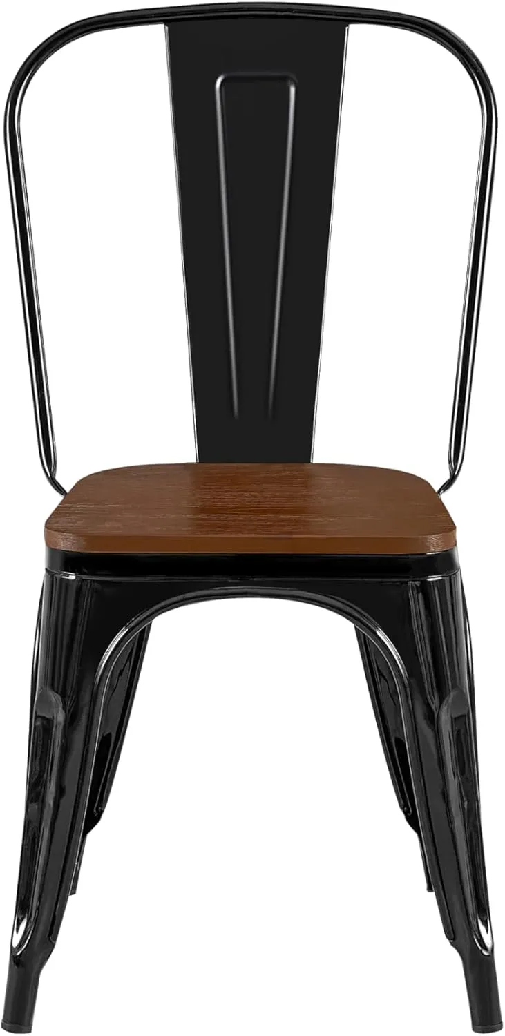 AC Pacific Stackable Metal Dining Chairs Set of 2 for Indoor and Outdoor Use, Durable Stacking Seat, Farmhouse Kitchen, Bar, Patio, Bistro, Cafe, Industrial Style, High Gloss Black/Wooden Base