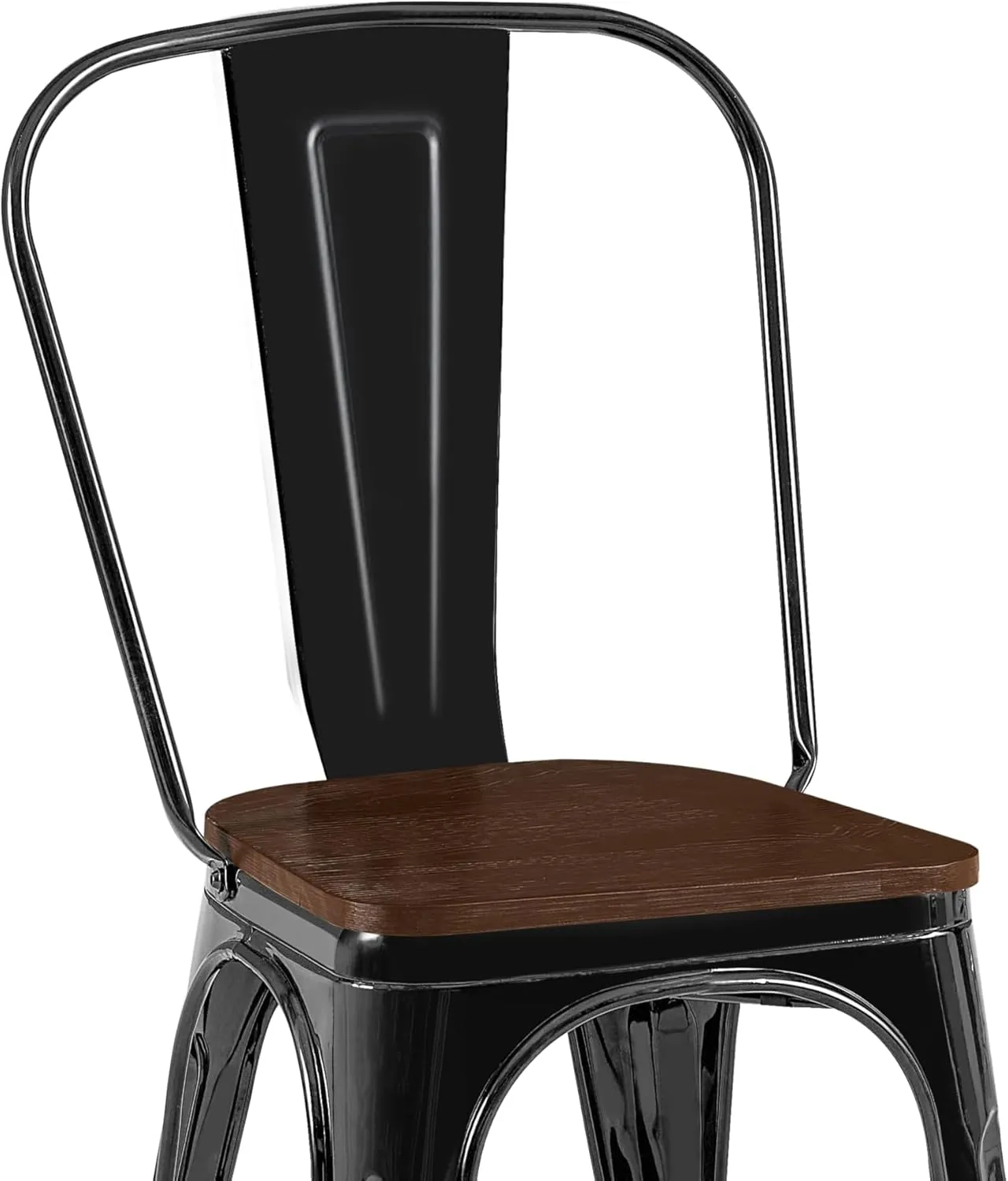 AC Pacific Stackable Metal Dining Chairs Set of 2 for Indoor and Outdoor Use, Durable Stacking Seat, Farmhouse Kitchen, Bar, Patio, Bistro, Cafe, Industrial Style, High Gloss Black/Wooden Base