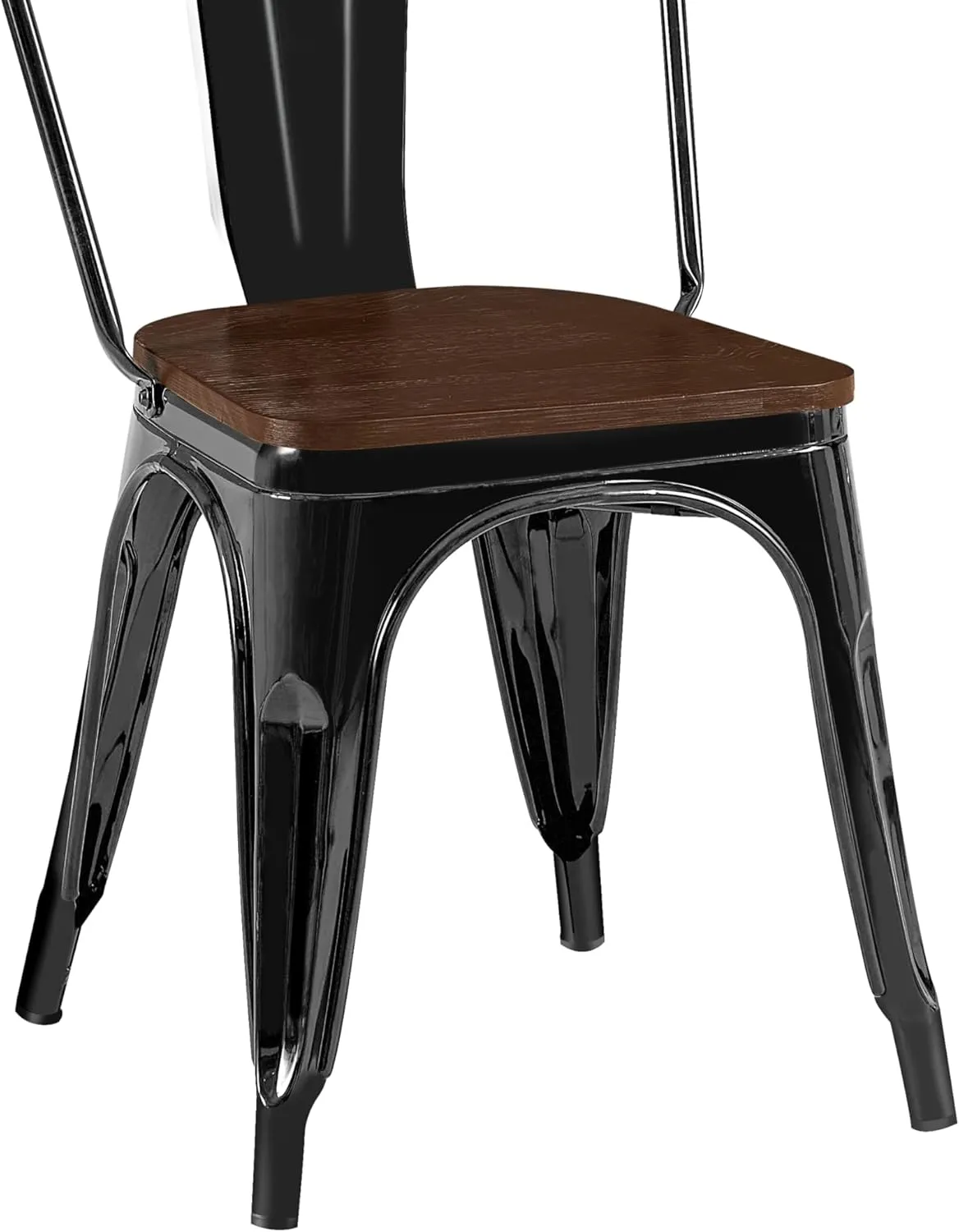 AC Pacific Stackable Metal Dining Chairs Set of 2 for Indoor and Outdoor Use, Durable Stacking Seat, Farmhouse Kitchen, Bar, Patio, Bistro, Cafe, Industrial Style, High Gloss Black/Wooden Base