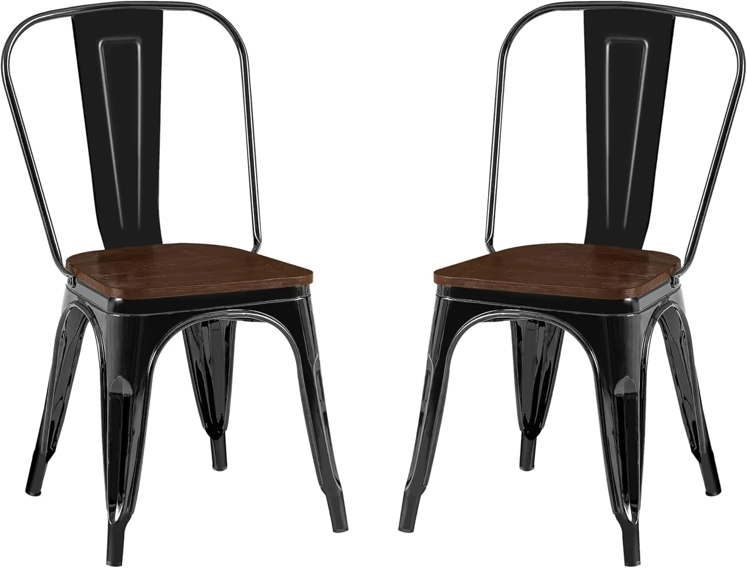 AC Pacific Stackable Metal Dining Chairs Set of 2 for Indoor and Outdoor Use, Durable Stacking Seat, Farmhouse Kitchen, Bar, Patio, Bistro, Cafe, Industrial Style, High Gloss Black/Wooden Base