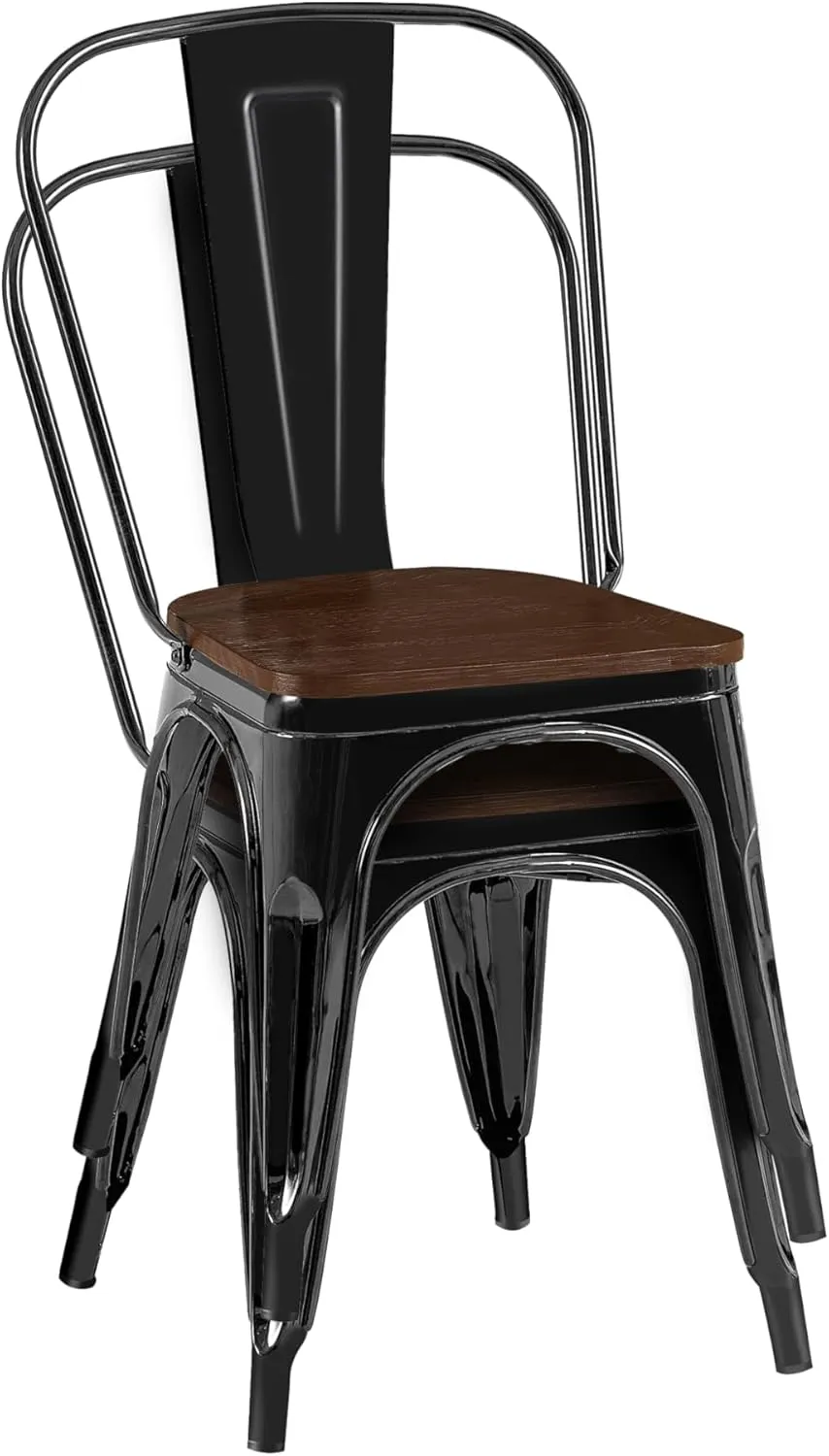 AC Pacific Stackable Metal Dining Chairs Set of 2 for Indoor and Outdoor Use, Durable Stacking Seat, Farmhouse Kitchen, Bar, Patio, Bistro, Cafe, Industrial Style, High Gloss Black/Wooden Base
