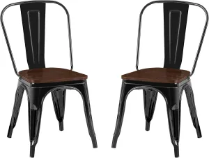 AC Pacific Stackable Metal Dining Chairs Set of 2 for Indoor and Outdoor Use, Durable Stacking Seat, Farmhouse Kitchen, Bar, Patio, Bistro, Cafe, Industrial Style, High Gloss Black/Wooden Base