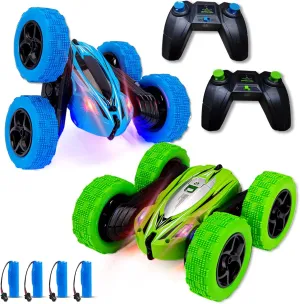 Acekid 2 Pack Remote Control Car, RC Stunt Cars for Boys, 4WD 2.4Ghz Double Sided 360° Rotating RC Car for Kids, 4 Rechargeable Battery, Blue Green