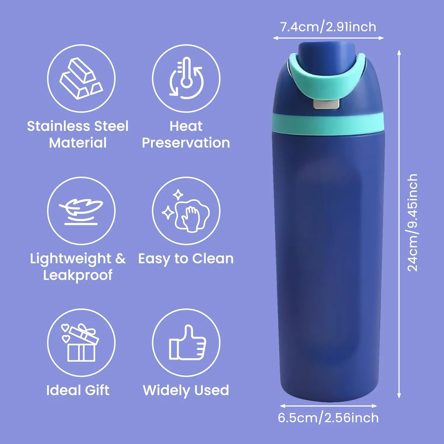 AFXGUSD 20oz Sleek Insulated Water Bottle with Reusable Straw, Fits in Car Cup Holder, Lightweight & Leakproof Stainless Steel Water Bottles for Home/Office/Travel/Sports/School, Blue