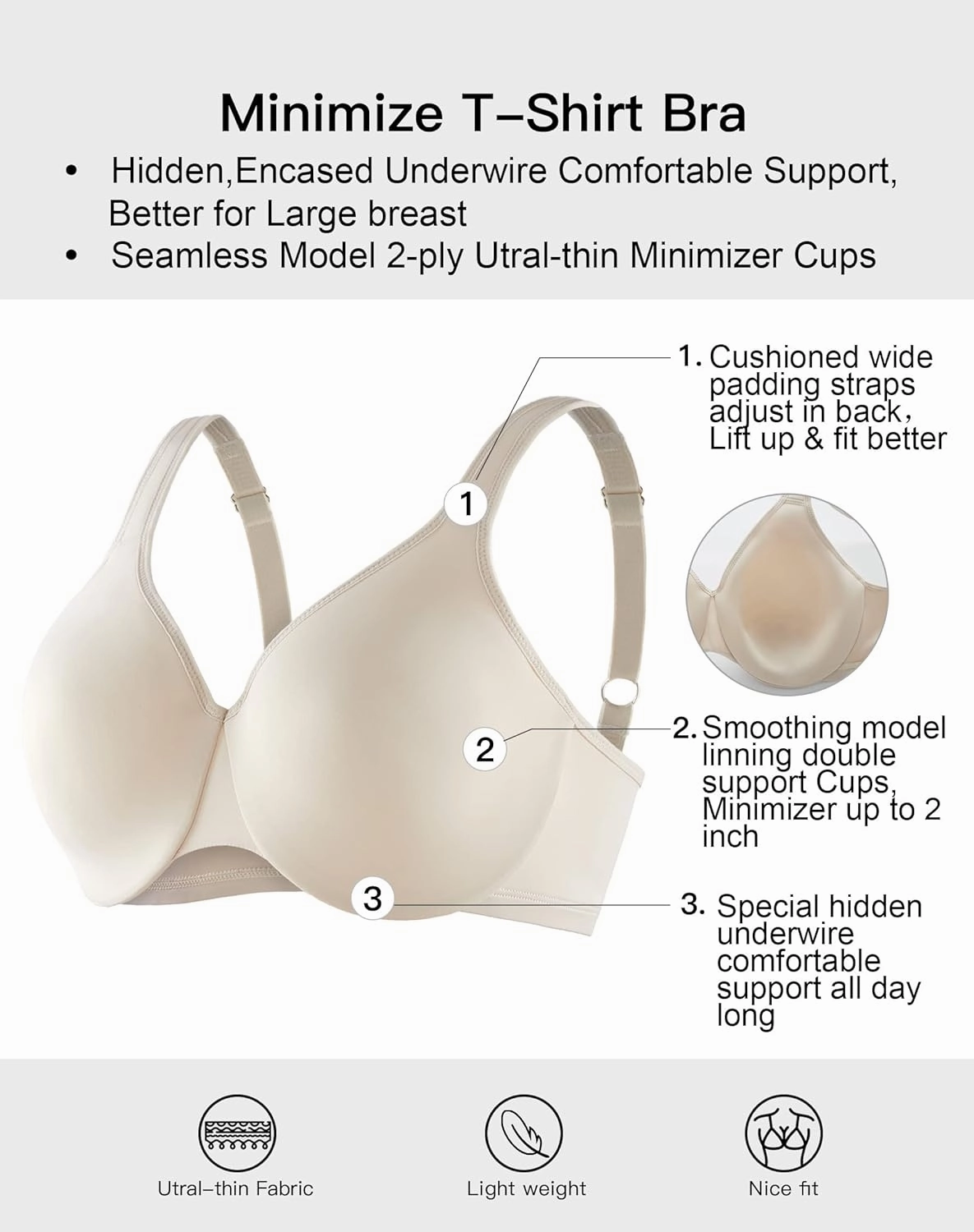 AILIVIN Underwire Women's Minimizer Full Figure Bras Smooth Full Coverage Seamless Non Padded Cups Bra