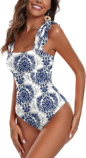 AI'MAGE Women's One Piece Swimsuits Square Neck Tummy Control Bathing Suit with Adjustable Ruffled Straps Swimwear S-XXL