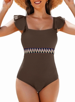 Aleumdr Women's One Piece Swimsuit Ruffle Tummy Control Bathing Suits Color Block Ribbed Swimwear