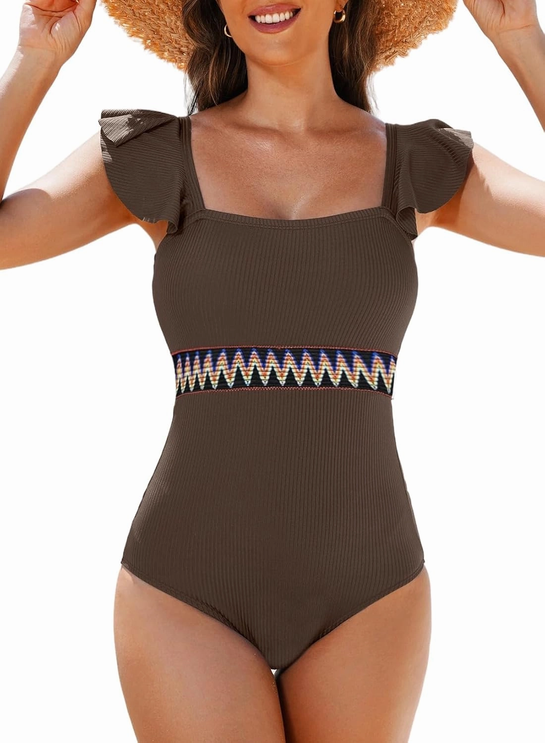 Aleumdr Women's One Piece Swimsuit Ruffle Tummy Control Bathing Suits Color Block Ribbed Swimwear
