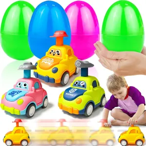 AMENON 3 Pack 5.8" Large Easter Egg Fillers with Press and Go Car Toys for Girls Boys Kids, Toddler Easter Basket Essential Stuffers Pink Yellow Green Cars Eggs Hunt Game Party Favors Gifts