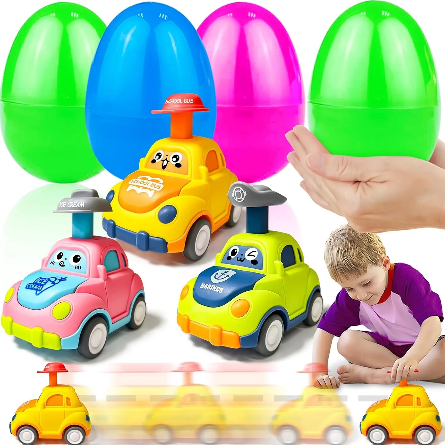 AMENON 3 Pack 5.8" Large Easter Egg Fillers with Press and Go Car Toys for Girls Boys Kids, Toddler Easter Basket Essential Stuffers Pink Yellow Green Cars Eggs Hunt Game Party Favors Gifts