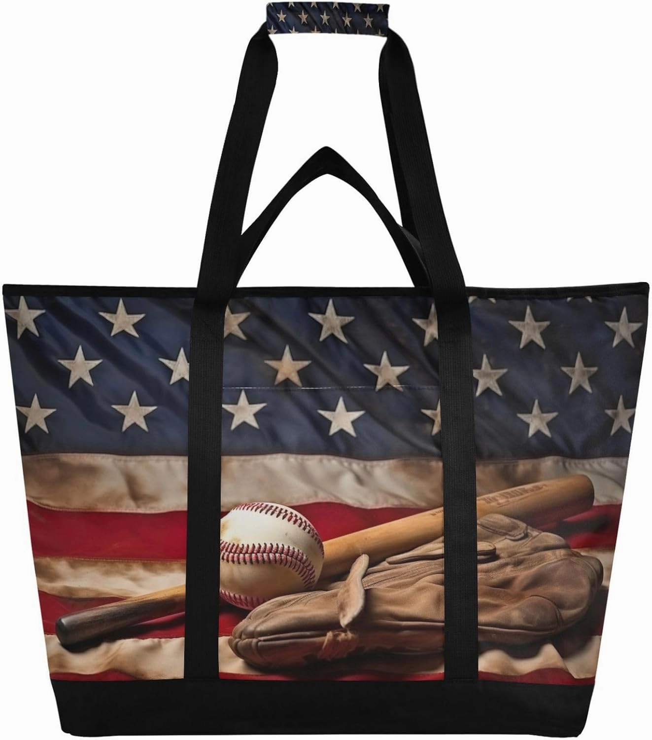 American Baseball Reusable Insulated Lunchbox Cooler Bag, Leakproof Kitchen Grocery Bag Collapsible Portable Cooler Tote Bag for Picnic, Camping, Office, Travel