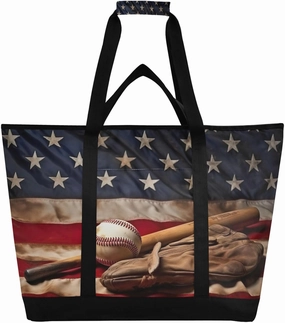 American Baseball Reusable Insulated Lunchbox Cooler Bag, Leakproof Kitchen Grocery Bag Collapsible Portable Cooler Tote Bag for Picnic, Camping, Office, Travel