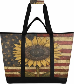 American Flag Sunflower Reusable Insulated Lunchbox Cooler Bag, Leakproof Kitchen Grocery Bag Collapsible Portable Cooler Tote Bag for Picnic, Camping, Office, Travel