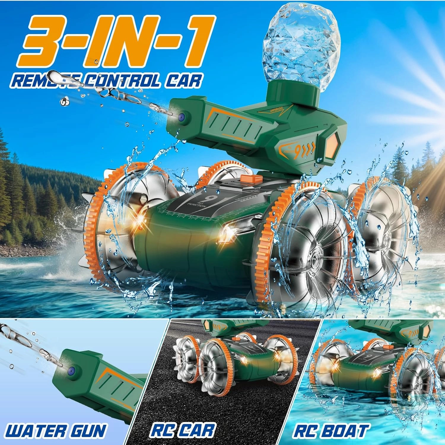 Amphibious Remote Control Car Toy for Kids 4 5 6 7 8: RC Cars for Boys Age 8-12 with Water Gun RC Gesture Stunt Cars Remote Control Boat for Kid Ages 4-8, Great for Beach and Pool Play, Green