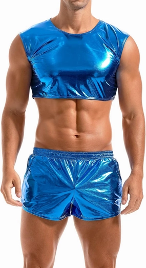 AMY COULEE Mens Metallic Crop Tops Sexy Shiny Tops Sleeveless Muscle Half Tank Tops Nightclub Party Tops