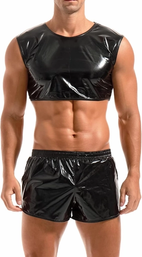 AMY COULEE Mens Metallic Crop Tops Sexy Shiny Tops Sleeveless Muscle Half Tank Tops Nightclub Party Tops