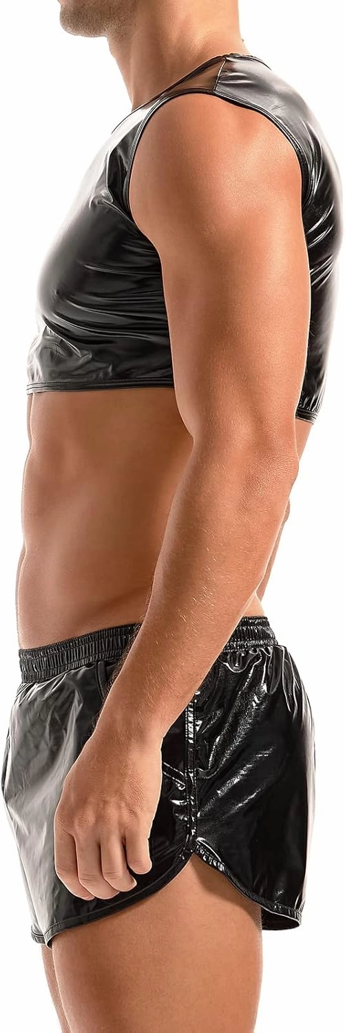 AMY COULEE Mens Metallic Crop Tops Sexy Shiny Tops Sleeveless Muscle Half Tank Tops Nightclub Party Tops