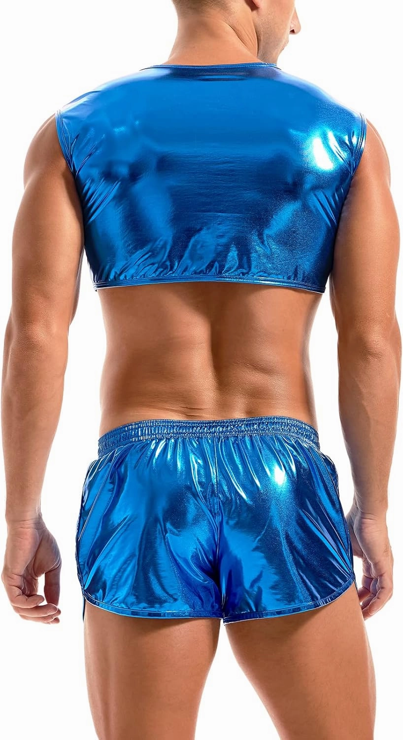AMY COULEE Mens Metallic Crop Tops Sexy Shiny Tops Sleeveless Muscle Half Tank Tops Nightclub Party Tops
