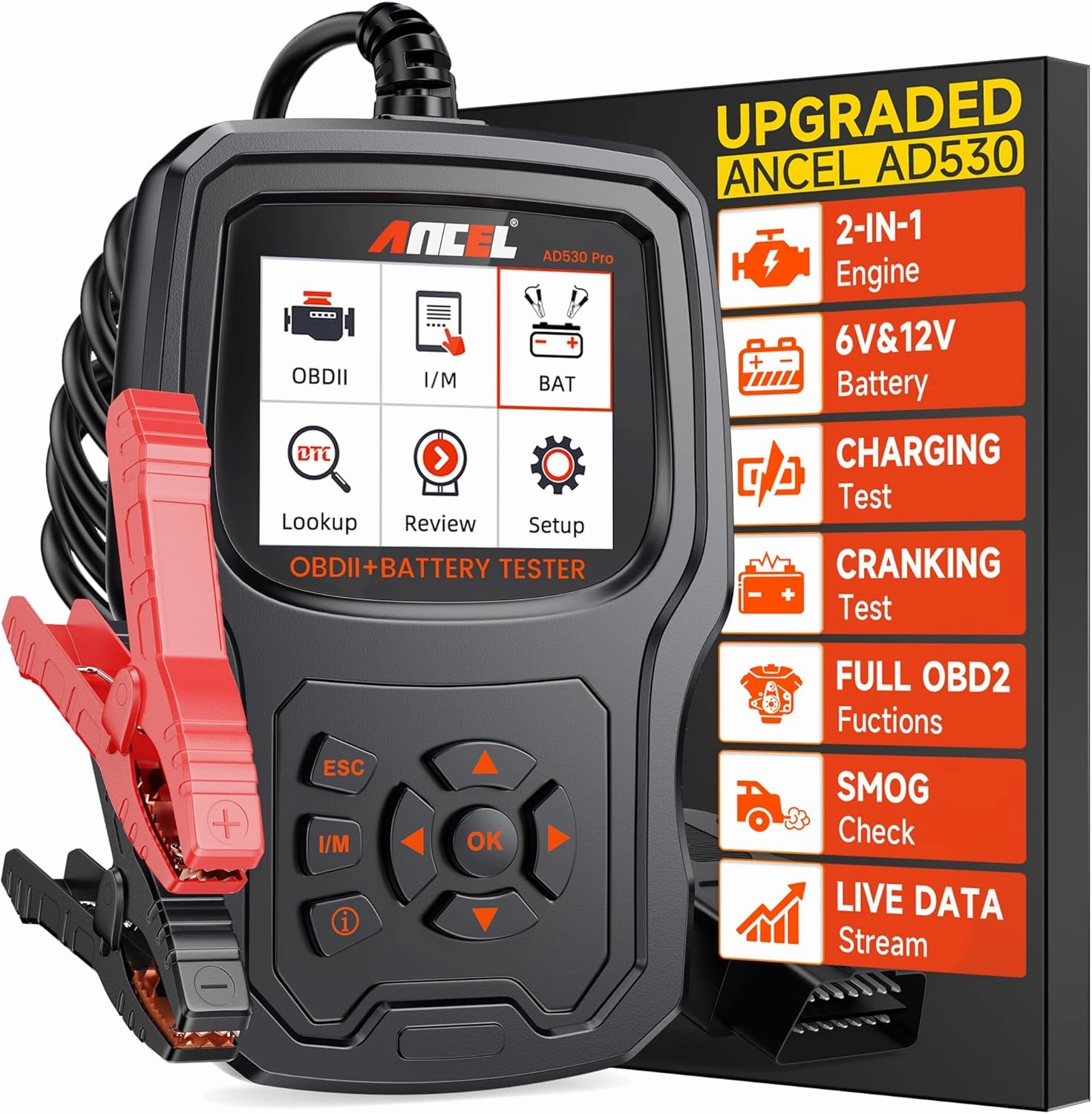 ANCEL AD530 PRO OBD2 Scanner Battery Tester, OBD2 Scanner Diagnostic Tool for Check Engine Light, 12V 6V Alternator Tester with Charging/Cranking Test, Code Reader for Cars and Tracks Since 1996