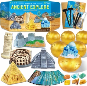 Ancient Wonders Dig Kit, Excavate 6 Treasure Landmarks Figurines & 6 Rocks, with History Learning Cards, Wonders of The World Toy Archaeology Set, STEM Party Favor Gifts for Boys & Girls Age 6 