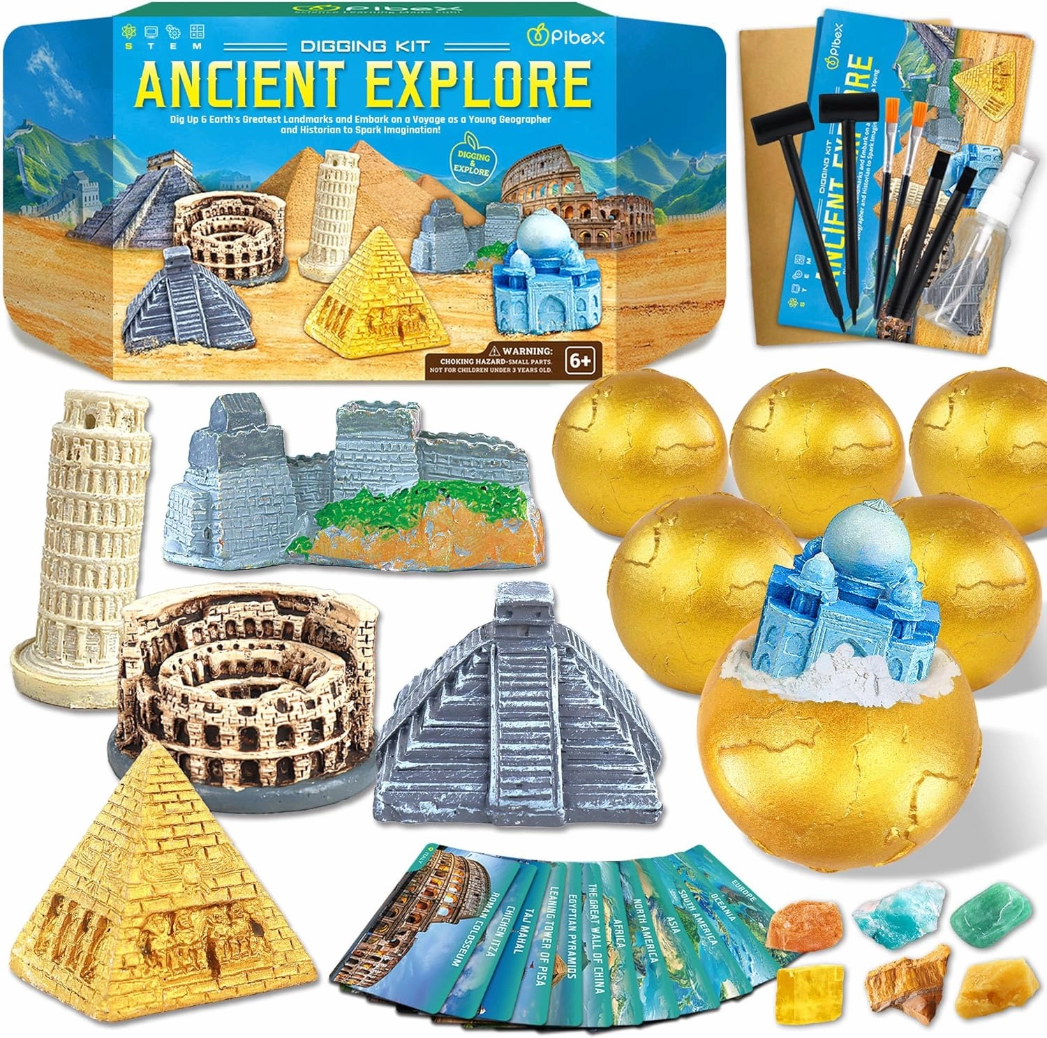 Ancient Wonders Dig Kit, Excavate 6 Treasure Landmarks Figurines & 6 Rocks, with History Learning Cards, Wonders of The World Toy Archaeology Set, STEM Party Favor Gifts for Boys & Girls Age 6 