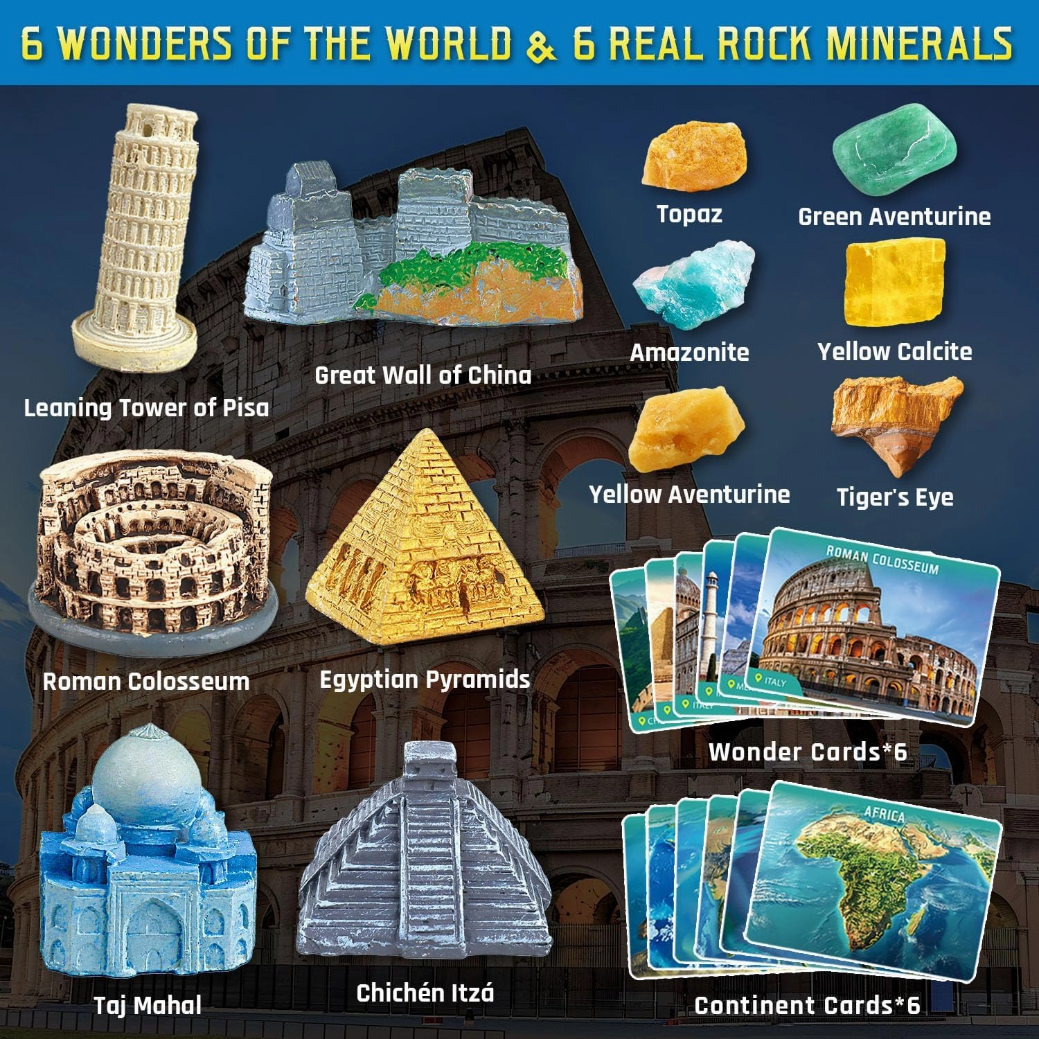 Ancient Wonders Dig Kit, Excavate 6 Treasure Landmarks Figurines & 6 Rocks, with History Learning Cards, Wonders of The World Toy Archaeology Set, STEM Party Favor Gifts for Boys & Girls Age 6 