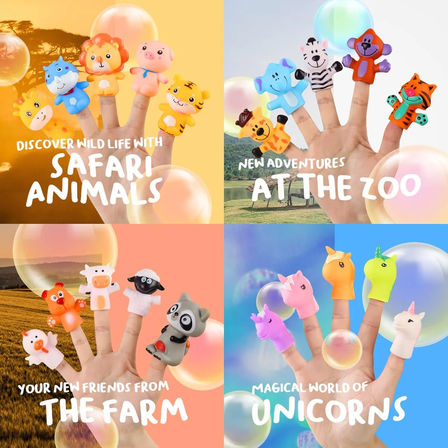 Animals and Unicorns Finger Puppets 20-Piece Set - Fun Toy Gift for Kids, Boys & Girls - Bath Puppets for Playtime, Children Birthday Party Favors, Cake Toppers, Pinata & Stocking Stuffers