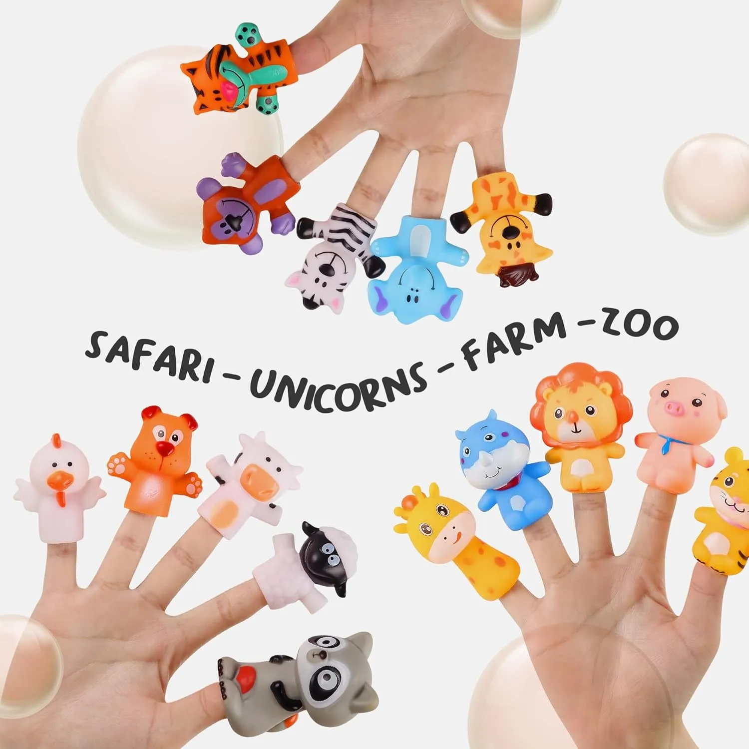 Animals and Unicorns Finger Puppets 20-Piece Set - Fun Toy Gift for Kids, Boys & Girls - Bath Puppets for Playtime, Children Birthday Party Favors, Cake Toppers, Pinata & Stocking Stuffers