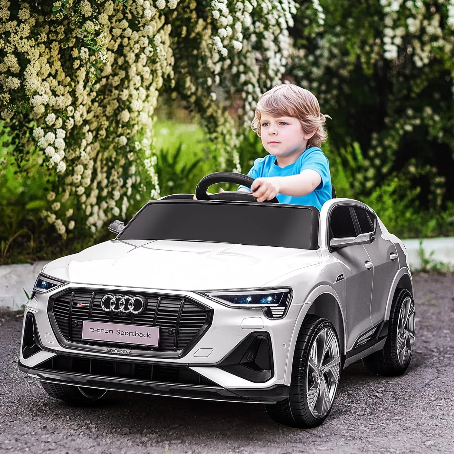Aosom 12V Kids Electric Ride On Car, Audi E-tron, Battery Powered Toy with Parent Remote Control, Suspension System, Auxiliary Wheels, LED Lights, Music and Horn, MP3 Player, White