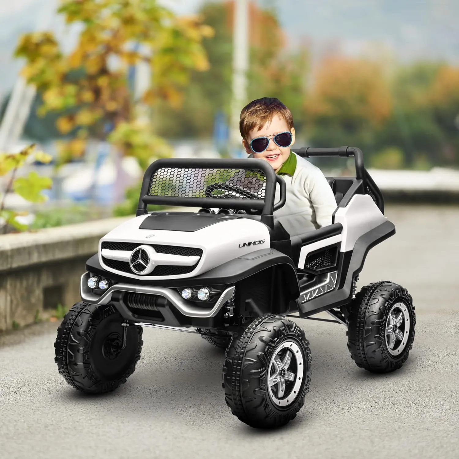 Aosom Licensed Mercedes-Benz Unimog 12V Kids Ride on Truck with Remote Control, Battery Powered Electric Car with Spring Suspension, LED Light, Horn, Music, White