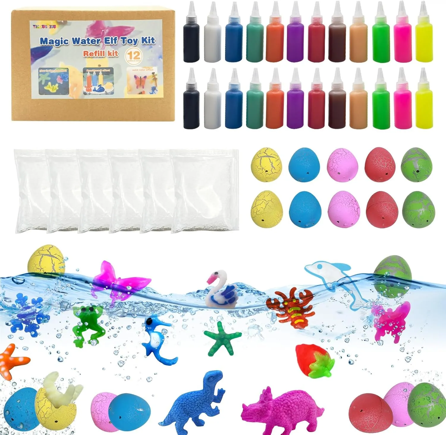 Aqua Fairy Water Gel Kit for Kids Refill,Magic Elf Toy Kits Refill,DIY Squishy Maker Set-Fun Summer DIY Craft Kit, Birthday Gifts & Party Favors for Boys & Girls(24 Bottles,10 Hatching Dinosaur Eggs)