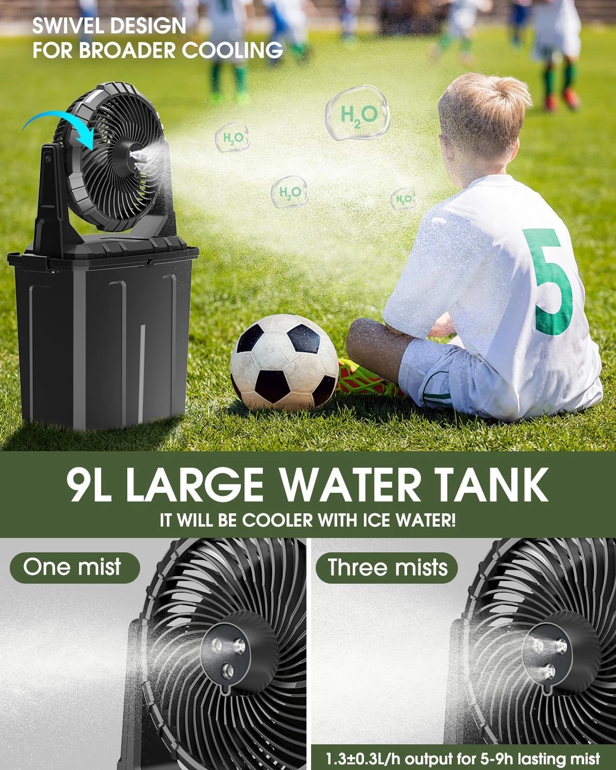 Ausic Outdoor Misting Fan Portable 9L Bucket, 10-inch Mist Fans for Patios/Camping/Beach/Golf etc., 30000mAh USB Rechargeable Battery Powered Floor Water Cooling Fan, 3 Strong Winds, 3 Spray Mister