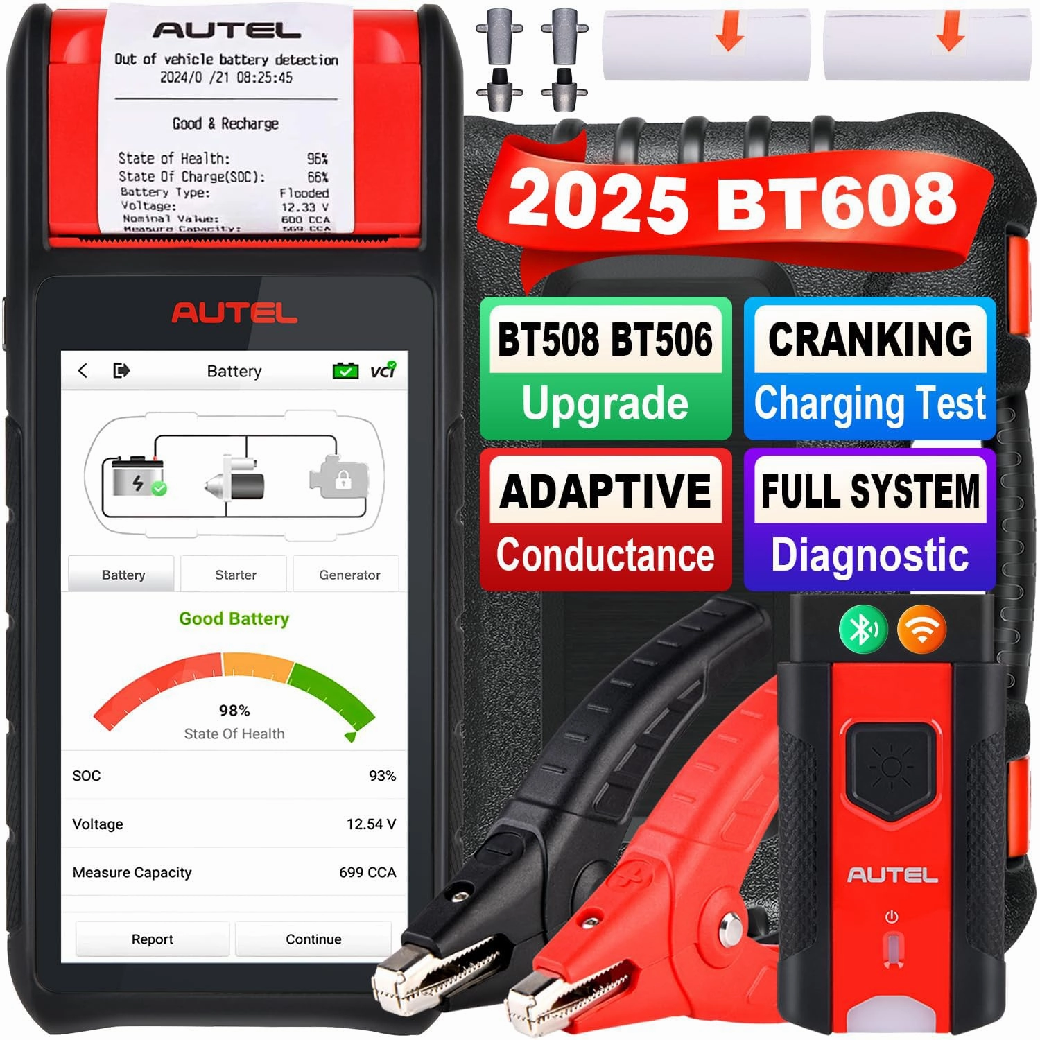 Autel MaxiBAS BT608 (E), 6V-12V Cranking Test & Charging Alternator Load 100-3000 CCA Digital Battery Voltage Tester, Full Diagnostic as MK900 MK808S, 5.5" Screen w/Built-in Printer, Up of BT508 BT506