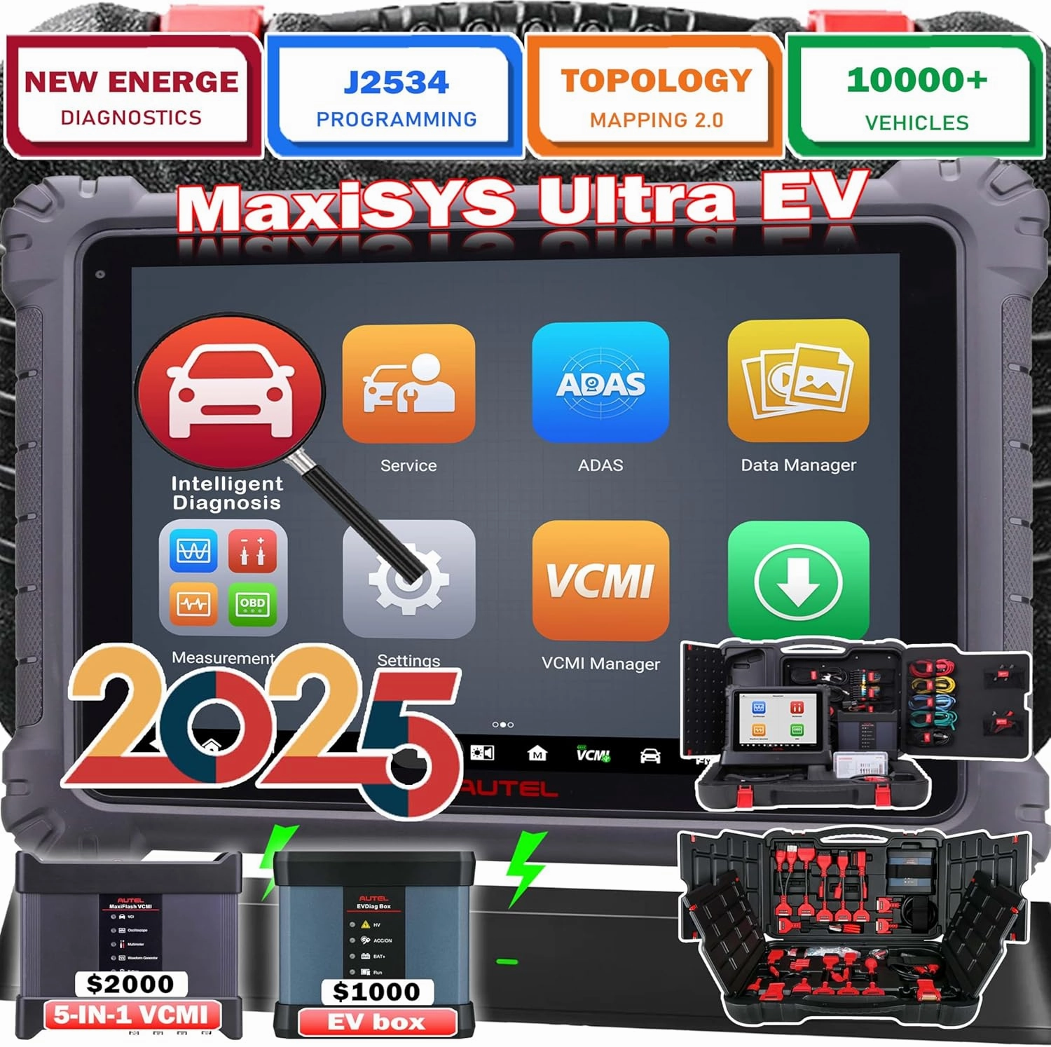 Autel MaxiSYS Ultra EV 2025 OBD2 Scanner High Voltage Battery Pack Analysis Diagnostic Scanner EVDiag Kit MaxiFlash VCMI Bi Directional Control ECU Coding Programming Advanced Autel Ultra MS919 MS909