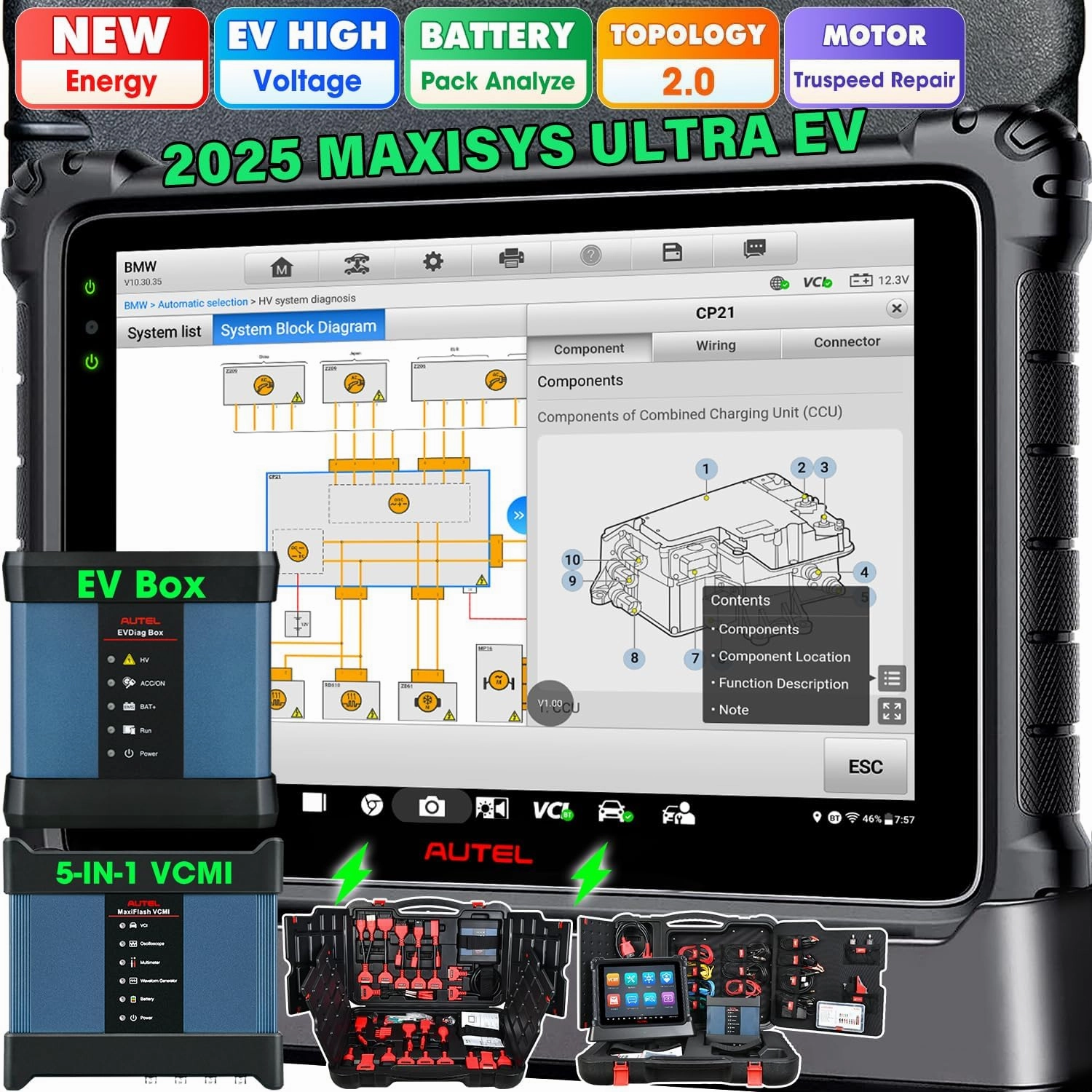 Autel MaxiSYS Ultra EV: 2025 UltraEV Intelligent Scanner, $1000 EVDiag KIT, High-Voltage System & Battery Pack Analyze Up of MS909EV, 5in1 VCMI, Topology 2.0, ECU Programming, 40 Reset, Motor Truspeed