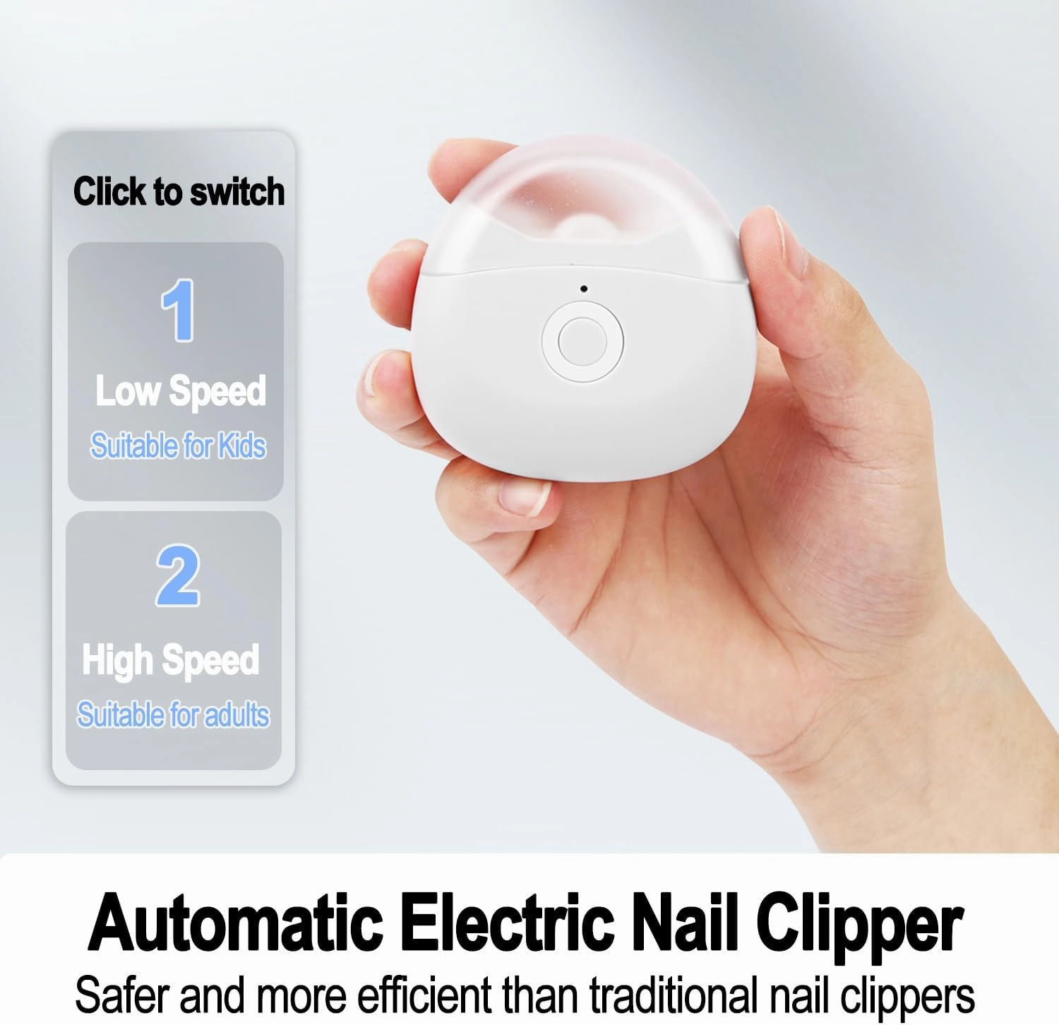 Automatic Electric Nail Clipper with LED Light & 2 Speeds with Nail Scraps Storage, USB Rechargeable Safety Fingernail Trimmer for Baby, Children, Kids, Adult, Seniors and Caregivers, White