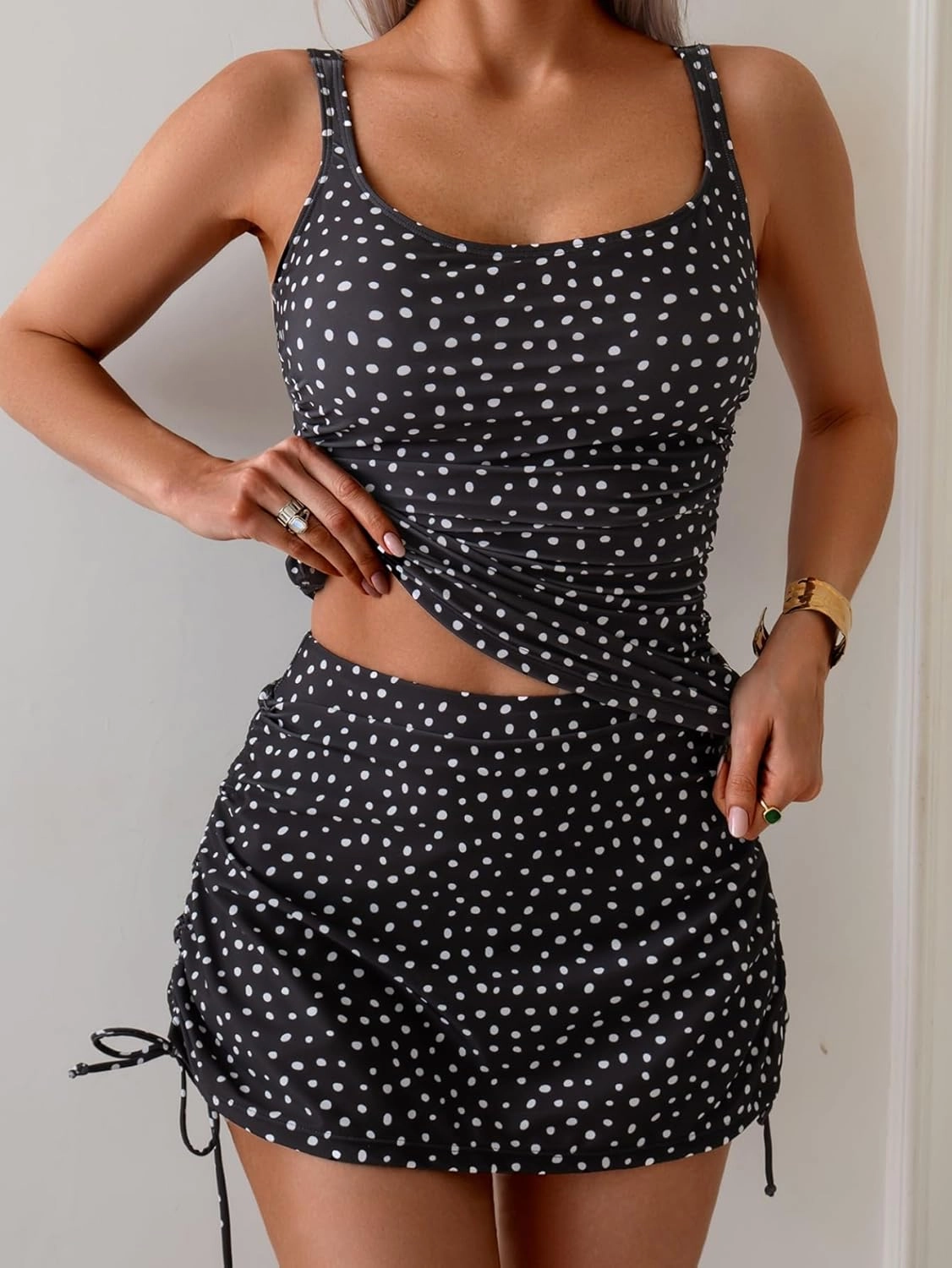 B2prity Tankini Swimsuit for Women Slimming Tummy Control Two Piece Bathing Suit Drawstring Swimwear Tank Top with Skirt