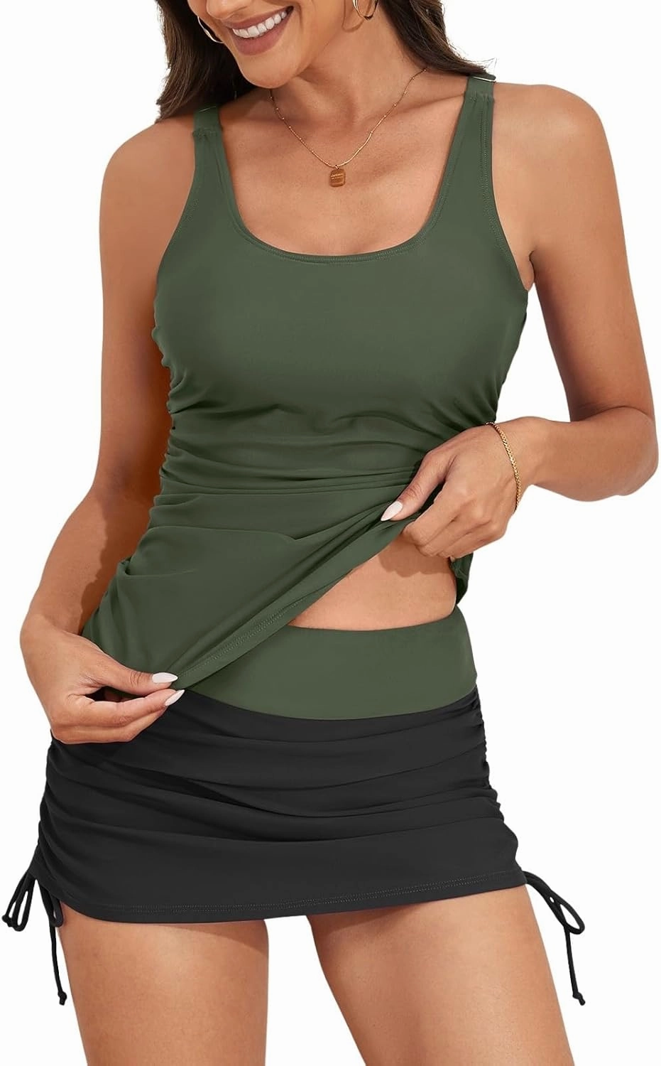 B2prity Tankini Swimsuit for Women Slimming Tummy Control Two Piece Bathing Suit Drawstring Swimwear Tank Top with Skirt