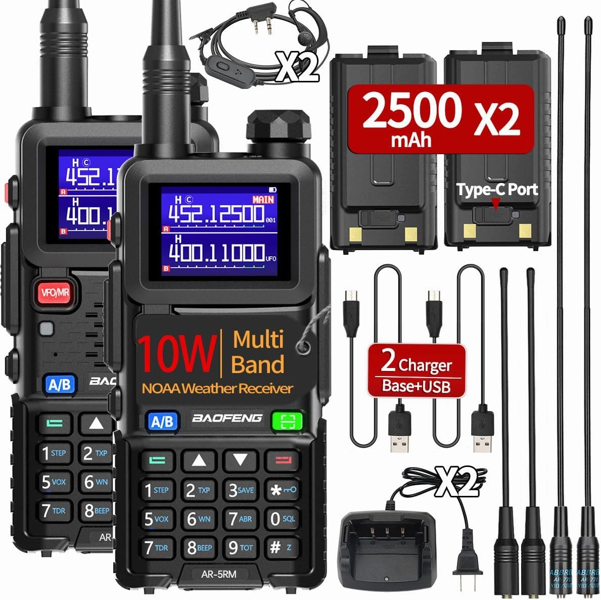 BAOFENG Radio 5RM Ham Radio 10W Long Range AR-5RM Rechargeable Handheld NOAA Weather Receiver Two Way Radios Walkie Talkies for Adults with 2500mAh Copy Frequency 999CH Type C Charging,2Pack