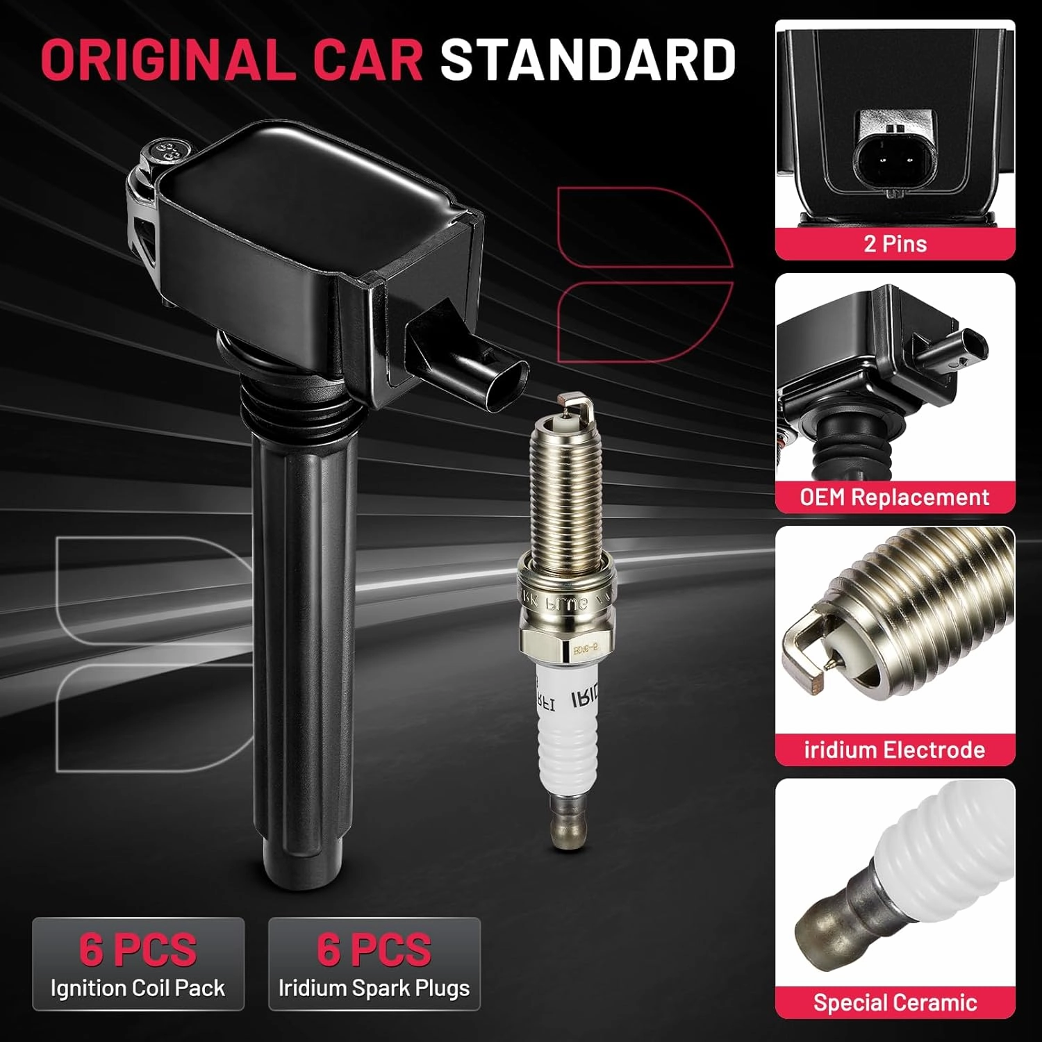 BDFHYK Ignition Coil Pack UF648 and Iridium Spark Plugs 97390 Compatible with Chrysler 200 300 Dodge Challenger Avenger Jeep Grand Cherokee Wrangler Volkswagen Routan 3.2L 3.6L V6, Sets of 6