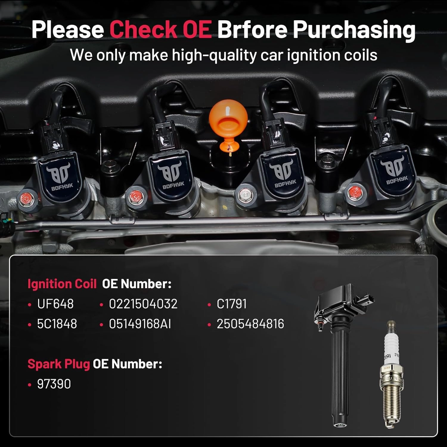 BDFHYK Ignition Coil Pack UF648 and Iridium Spark Plugs 97390 Compatible with Chrysler 200 300 Dodge Challenger Avenger Jeep Grand Cherokee Wrangler Volkswagen Routan 3.2L 3.6L V6, Sets of 6