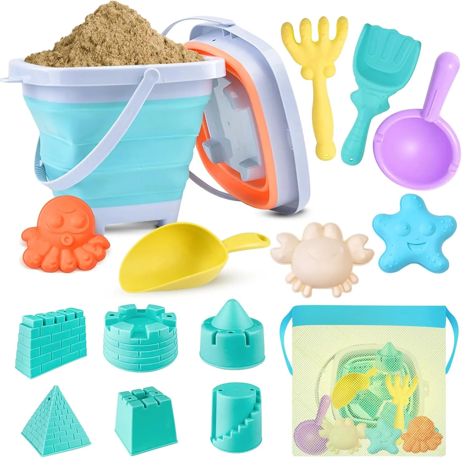 Beach Toys, 16Pcs Sand Toys, Sandbox Toys with Castle and Sea Animals Molds Sand Shovels Mesh Bag Travel Toys for Kids Toddlers Boys Girls