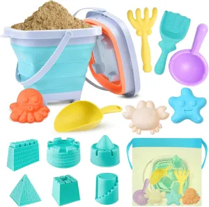 Beach Toys, 16Pcs Sand Toys, Sandbox Toys with Castle and Sea Animals Molds Sand Shovels Mesh Bag Travel Toys for Kids Toddlers Boys Girls