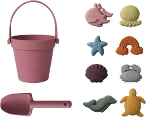 Beach Toys for Kids, 10Pcs Silicone Beach Toy Set, Collapsible Beach Bucket, Spade, CrabTurtle Starfish Sand Molds for Beach Party Camping Fun Summer Activities Christmas (A)